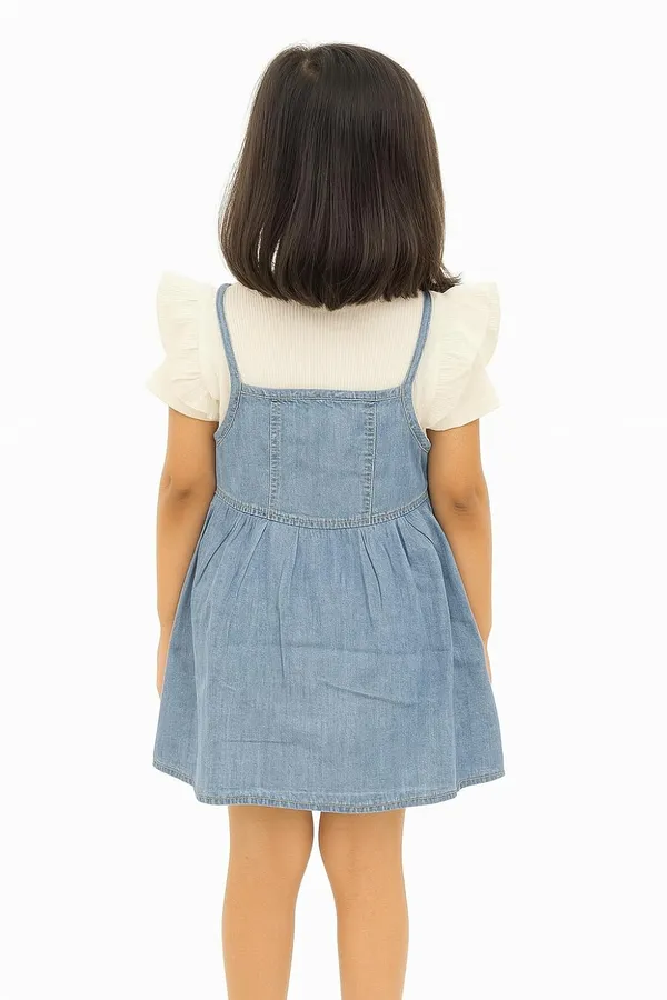 White_Trendy_&_Comfortable_Denim_Pinafore_Set_With_Flutter-Sleeve_Top_For_Girls