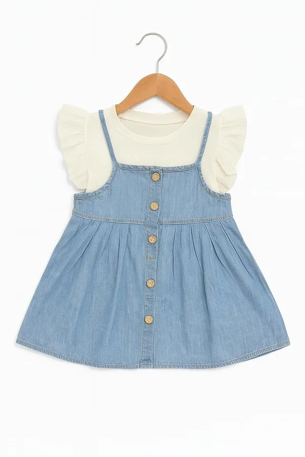White_Trendy_&_Comfortable_Denim_Pinafore_Set_With_Flutter-Sleeve_Top_For_Girls