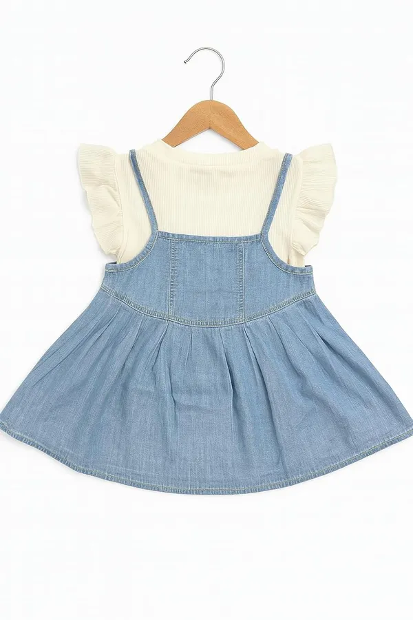 White_Trendy_&_Comfortable_Denim_Pinafore_Set_With_Flutter-Sleeve_Top_For_Girls