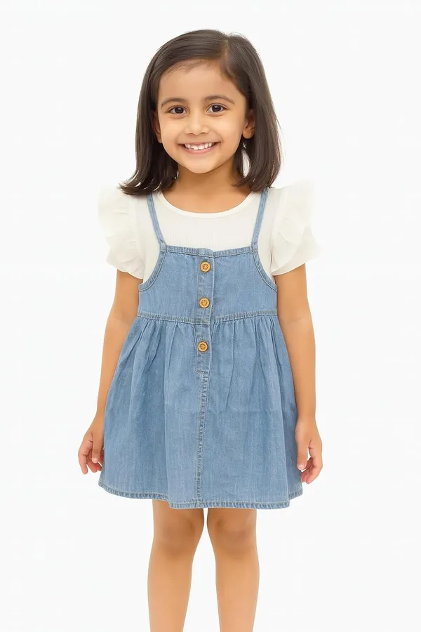 White_Trendy_&_Comfortable_Denim_Pinafore_Set_With_Flutter-Sleeve_Top_For_Girls