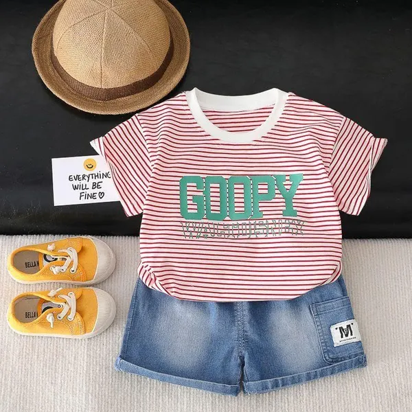 Red_Stripped_T-Shirt_Shorts_Set_For_Girls