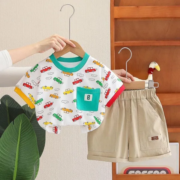 White_Trendy_&_Comfortable_Car_T-Shirt_Short_Set_For_Boys