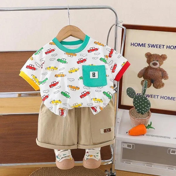 White_Trendy_&_Comfortable_Car_T-Shirt_Short_Set_For_Boys