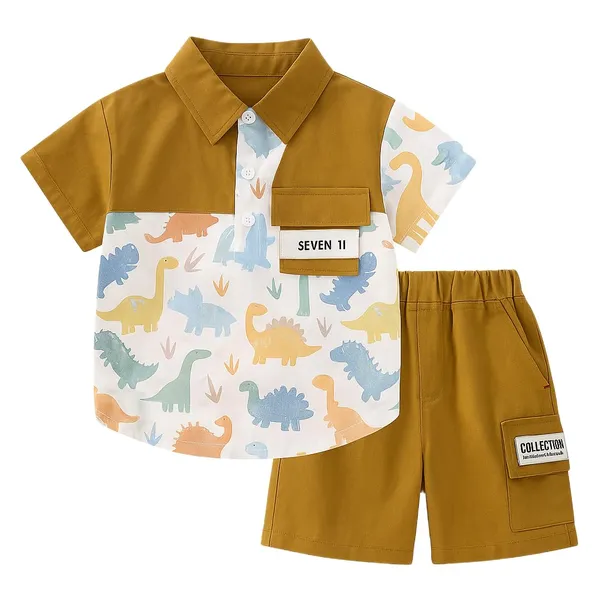 Brown_Trendy_&_Comfortable_Dinosaur_Matching_Short_Set_For_Boys