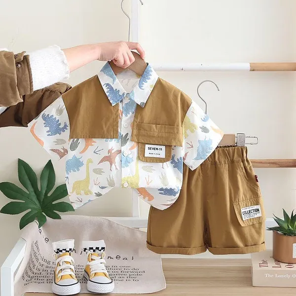 Brown_Trendy_&_Comfortable_Dinosaur_Matching_Short_Set_For_Boys
