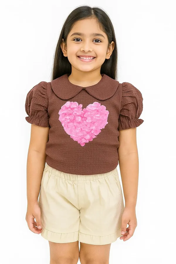 Brown_Trendy_&_Comfortable_Puff_Sleeve_Heart_Top_&_Ruffle_Shorts_Set_For_Girls