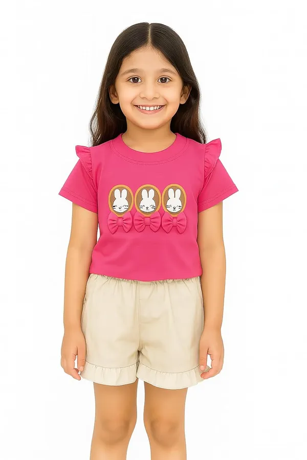Magenta_Trendy_&_Comfortable_Bunny_Print_Top_&_Shorts_Set_For_Girls