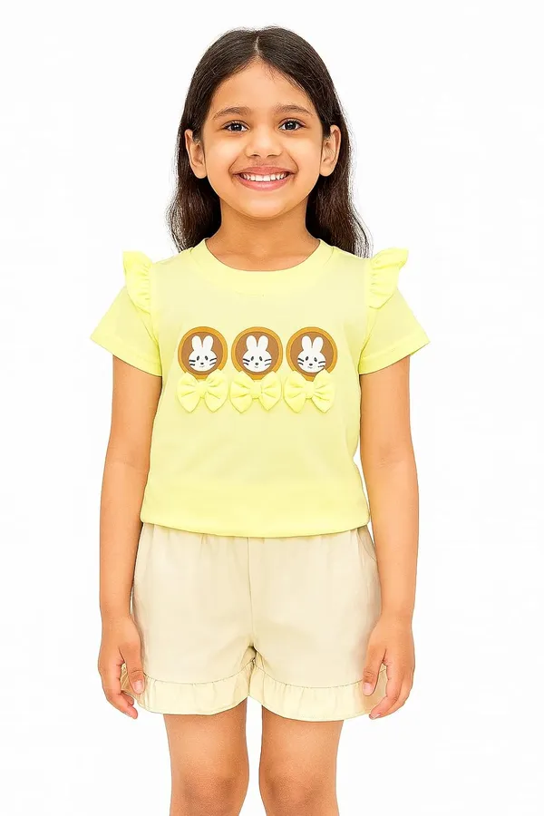 Yellow_Trendy_&_Comfortable_Bunny_Print_Top_&_Shorts_Set_For_Girls