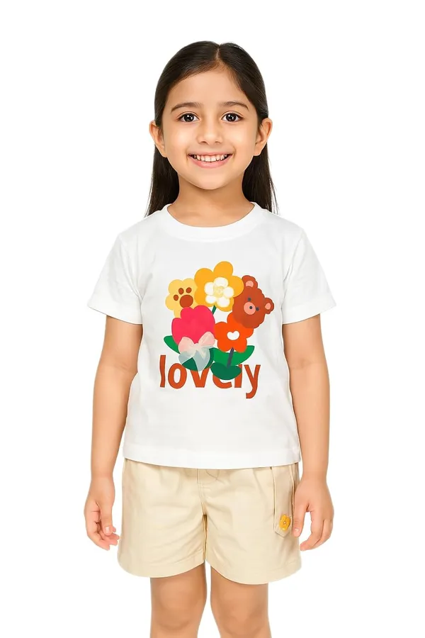 White_Trendy_&_Comfortable_Lovely_Bear_&_Flower_Top_For_Girls