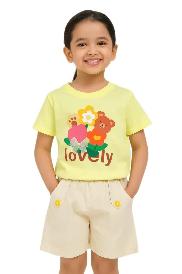 Yellow_Trendy_&_Comfortable_Lovely_Bear_&_Flower_Top_For_Girls