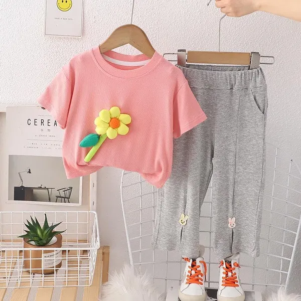 White_Trendy_&_Comfortable_3D_Flower_With_Ribbed_Pants_Set_For_Girls