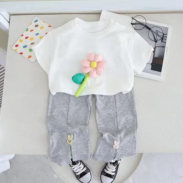 White_Trendy_&_Comfortable_3D_Flower_With_Ribbed_Pants_Set_For_Girls