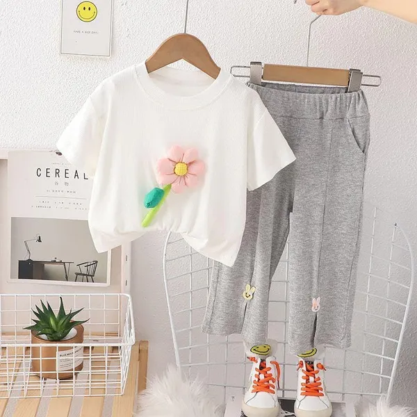 White_Trendy_&_Comfortable_3D_Flower_With_Ribbed_Pants_Set_For_Girls