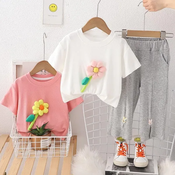 White_Trendy_&_Comfortable_3D_Flower_With_Ribbed_Pants_Set_For_Girls