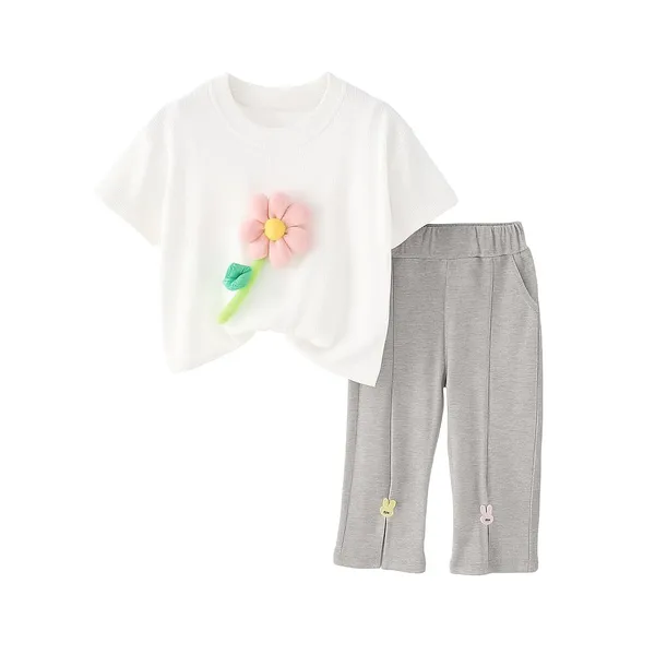 White_Trendy_&_Comfortable_3D_Flower_With_Ribbed_Pants_Set_For_Girls