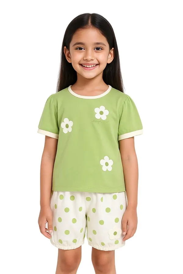 Green_Trendy_&_Comfortable_Polka_Dot_Shorts_Set_For_Girls