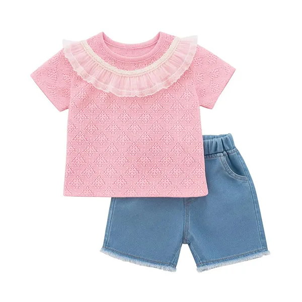 Pink_Trendy_&_Comfortable_Eyelet_Lace_Neckline_Denim_Set_For_Girls