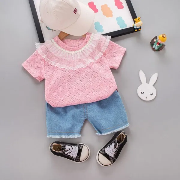 Pink_Trendy_&_Comfortable_Eyelet_Lace_Neckline_Denim_Set_For_Girls