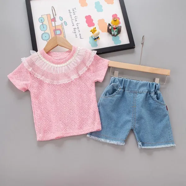 Pink_Trendy_&_Comfortable_Eyelet_Lace_Neckline_Denim_Set_For_Girls