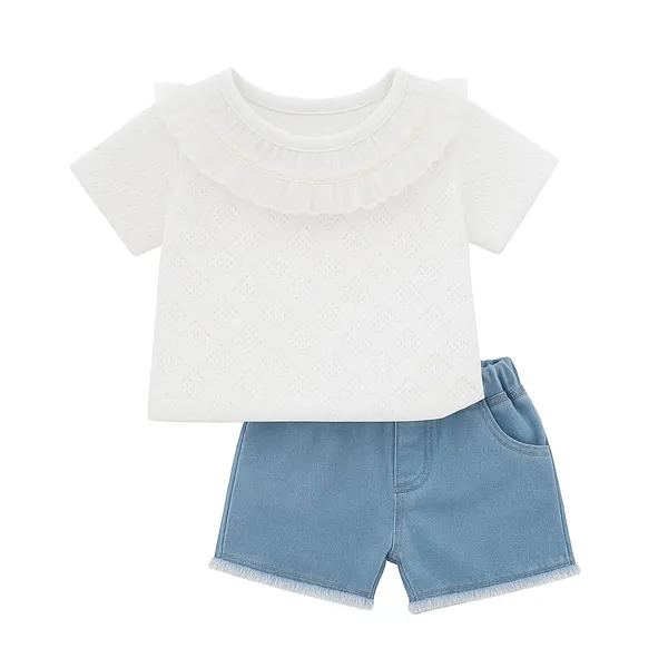 White_Trendy_&_Comfortable_Eyelet_Lace_Neckline_Denim_Set_For_Girls
