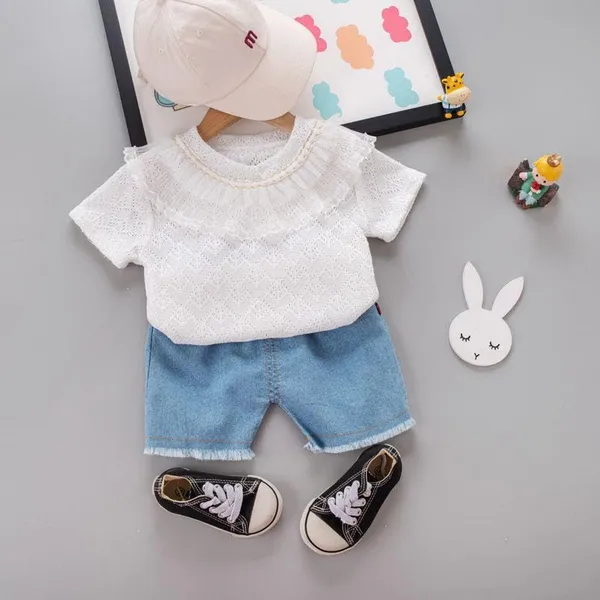 White_Trendy_&_Comfortable_Eyelet_Lace_Neckline_Denim_Set_For_Girls