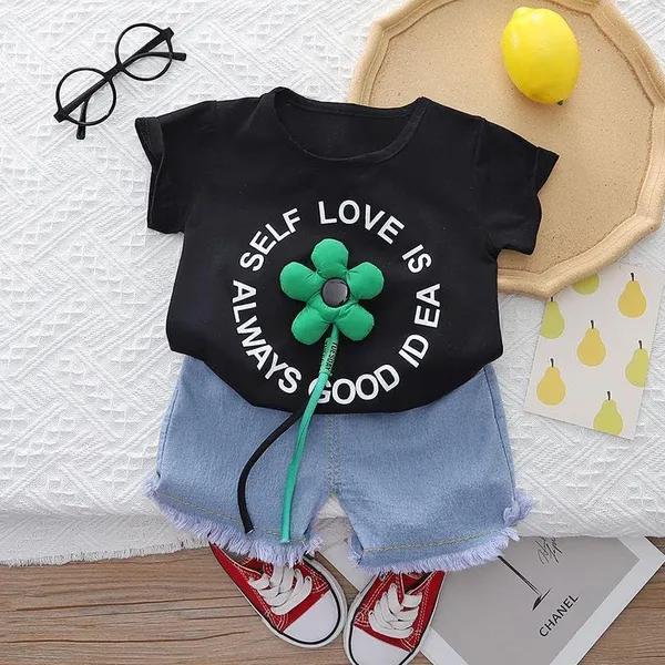 Black_Trendy_&_Comfortable_Self_Love_Denim_Shorts_Set_For_Girls