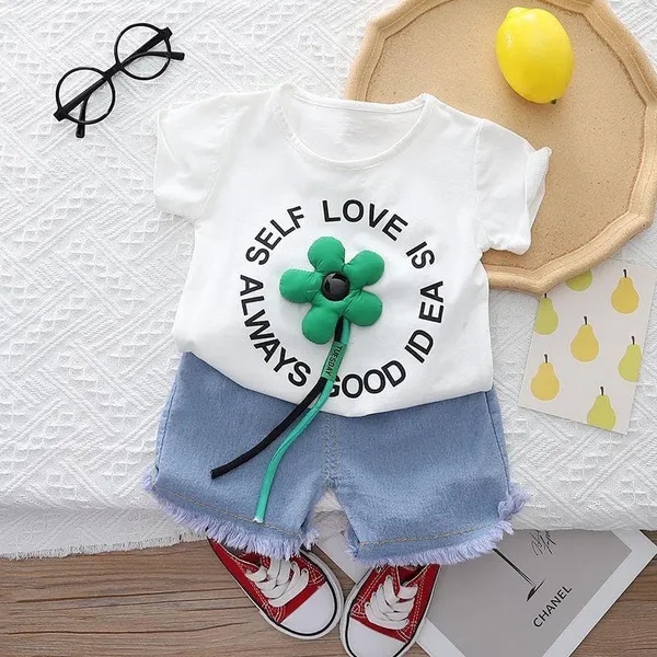 White_Trendy_&_Comfortable_Self_Love_Denim_Shorts_Set_For_Girls