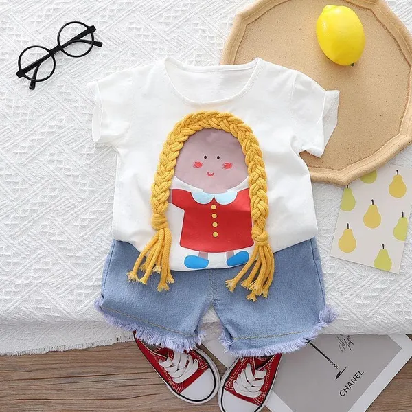 White_Trendy_&_Comfortable_Braided_Hair_Denim_Shorts_Set_For_Girls