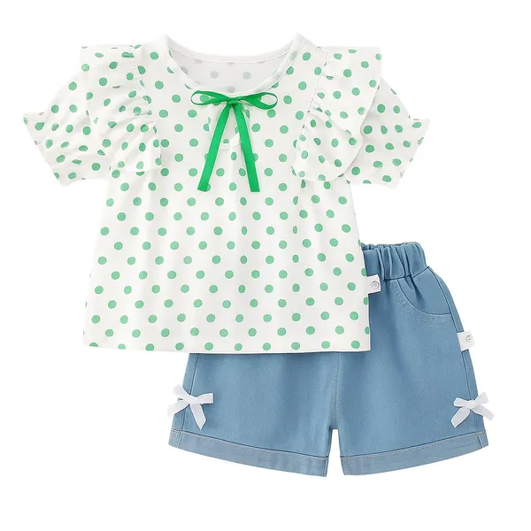 Green_Trendy_&_Comfortable_Polka_Dot_Denim_Shorts_Set_For_Girls