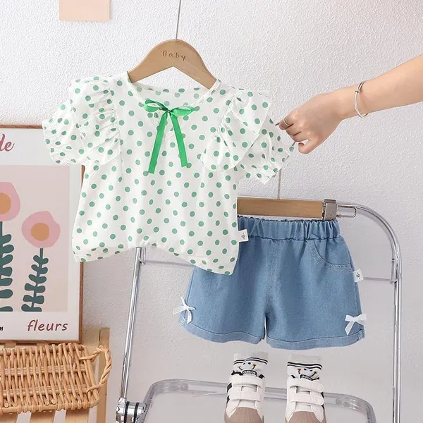 Green_Trendy_&_Comfortable_Polka_Dot_Denim_Shorts_Set_For_Girls