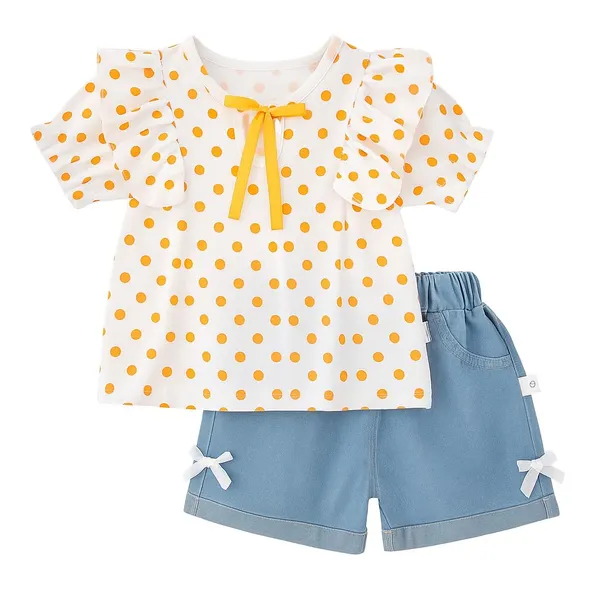 Orange_Trendy_&_Comfortable_Polka_Dot_Denim_Shorts_Set_For_Girls