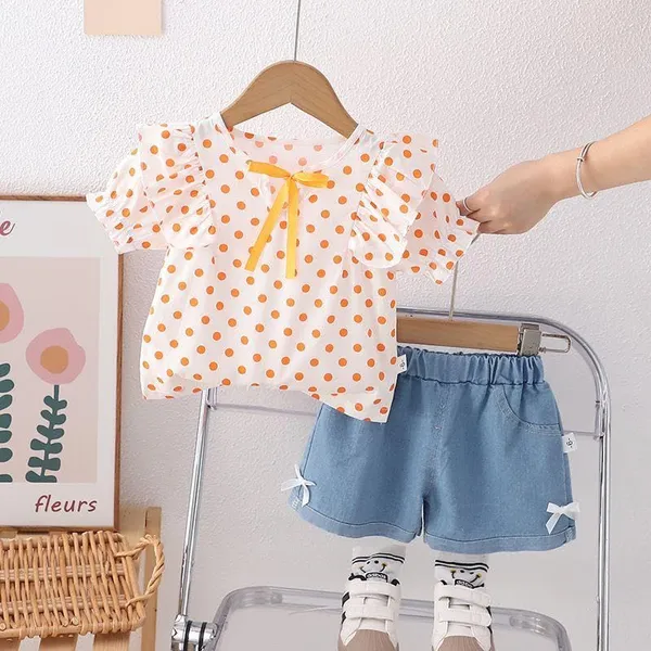 Orange_Trendy_&_Comfortable_Polka_Dot_Denim_Shorts_Set_For_Girls