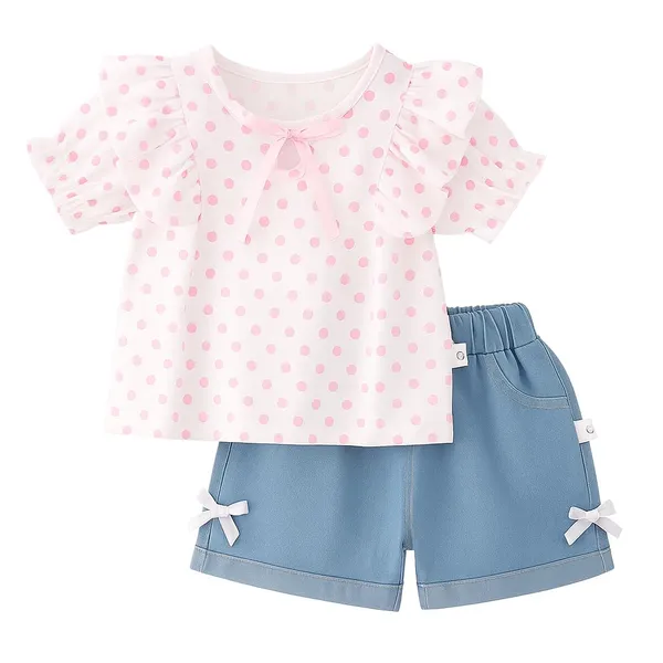 Pink_Trendy_&_Comfortable_Polka_Dot_Denim_Shorts_Set_For_Girls