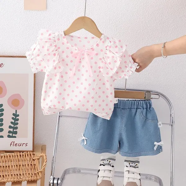 Pink_Trendy_&_Comfortable_Polka_Dot_Denim_Shorts_Set_For_Girls
