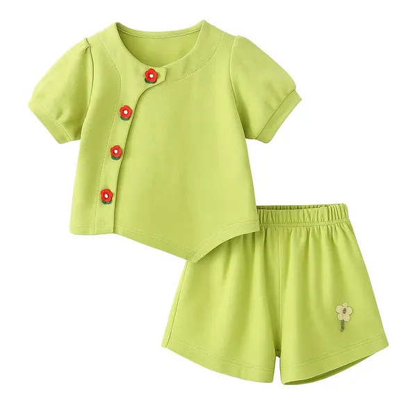 Green_Trendy_&_Comfortable_Flower_Buttons_Shorts_Set_For_Girls
