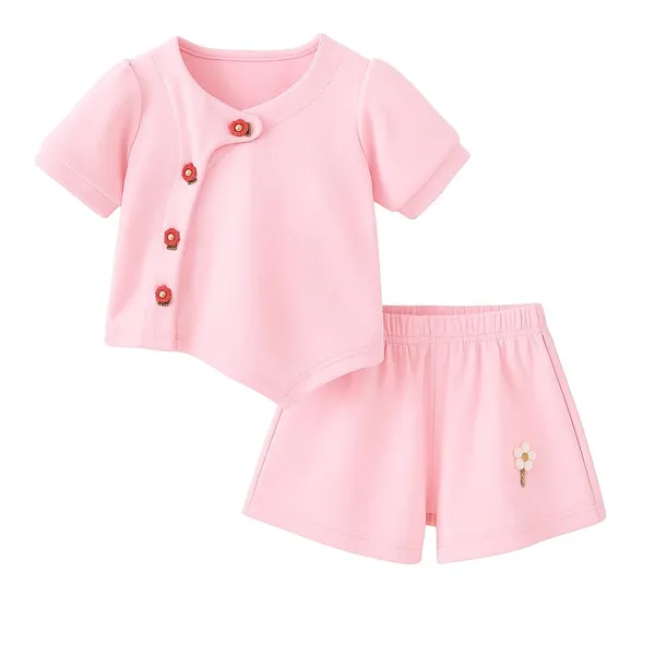Pink_Trendy_&_Comfortable_Flower_Buttons_Shorts_Set_For_Girls