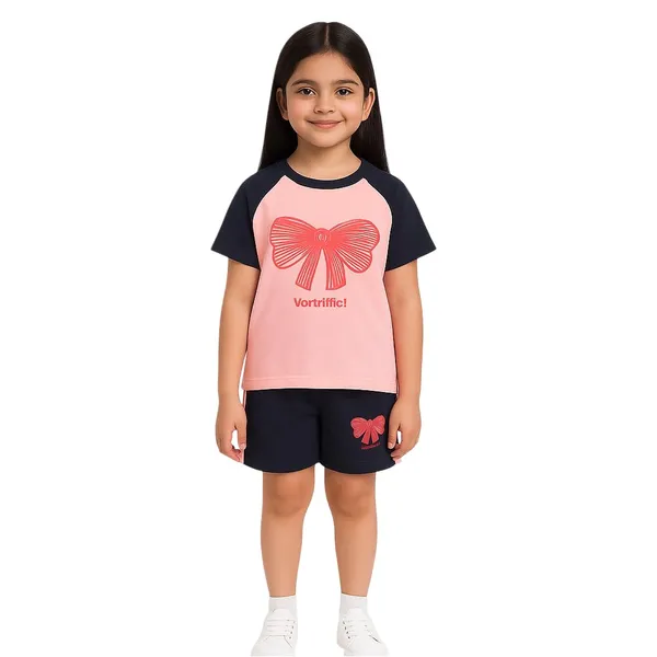 Pink_Trendy_&_Comfortable_Bow_T-Shirt_Shorts_Set_For_Girls