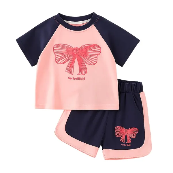 Pink_Trendy_&_Comfortable_Bow_T-Shirt_Shorts_Set_For_Girls
