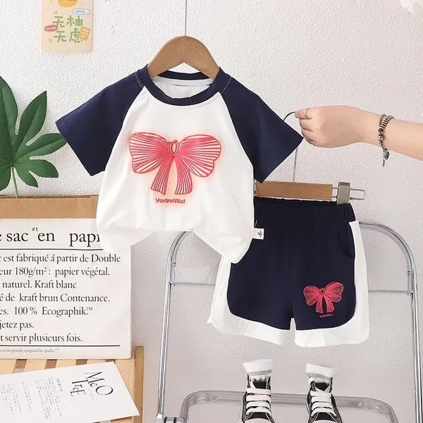 White_Trendy_&_Comfortable_Bow_T-Shirt_Shorts_Set_For_Girls