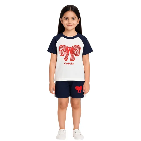 White_Trendy_&_Comfortable_Bow_T-Shirt_Shorts_Set_For_Girls