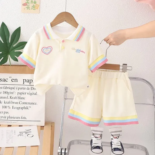 Cream_Trendy_&_Comfortable_Polo_T-Shirts_Shorts_Set_For_Baby_Girls