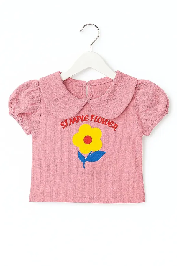 Pink_Trendy_&_Comfortable_Simple_Flower_Puff-Sleeve_Top_&_Ruffle-Hem_Shorts_For_Girls