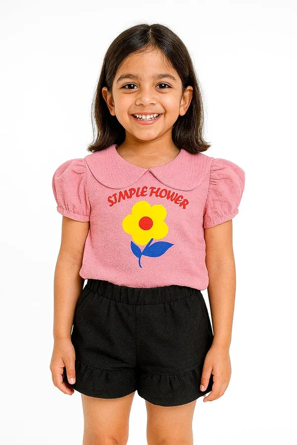 Pink_Trendy_&_Comfortable_Simple_Flower_Puff-Sleeve_Top_&_Ruffle-Hem_Shorts_For_Girls