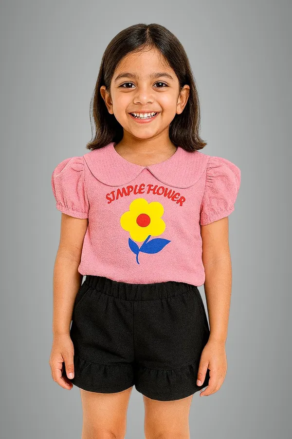 Pink_Trendy_&_Comfortable_Simple_Flower_Puff-Sleeve_Top_&_Ruffle-Hem_Shorts_For_Girls