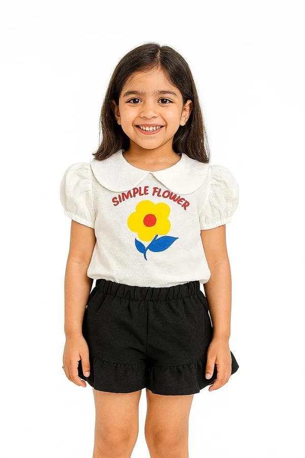White_Trendy_&_Comfortable_Simple_Flower_Puff-Sleeve_Top_&_Ruffle-Hem_Shorts_For_Girls
