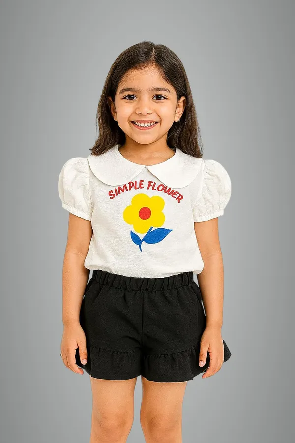 White_Trendy_&_Comfortable_Simple_Flower_Puff-Sleeve_Top_&_Ruffle-Hem_Shorts_For_Girls