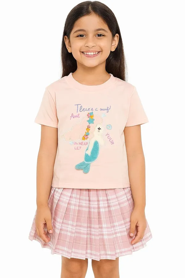 Pink_Trendy_&_Comfortable_Mermaid_Plaid_Magic_Skirt_And_T-Shirt_Set_For_Girls