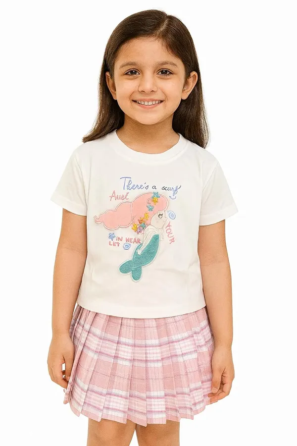 White_Trendy_&_Comfortable_Mermaid_Plaid_Magic_Skirt_And_T-Shirt_Set_For_Girls