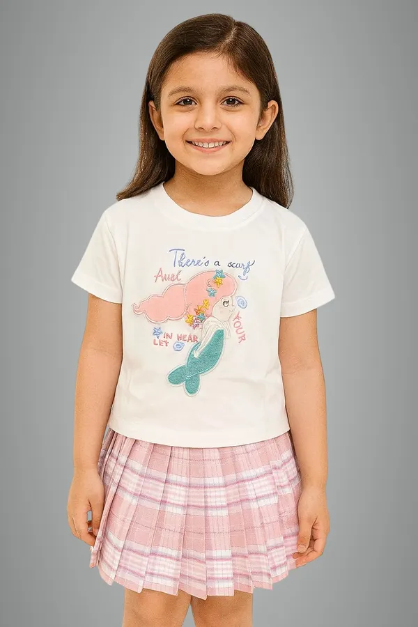 White_Trendy_&_Comfortable_Mermaid_Plaid_Magic_Skirt_And_T-Shirt_Set_For_Girls