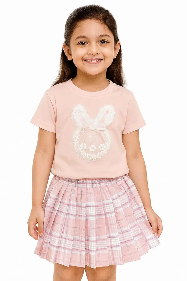Pink_Trendy_&_Comfortable_Bunny_Bow_Whirl_Skirt_And_T-Shirt_Set_For_Girls